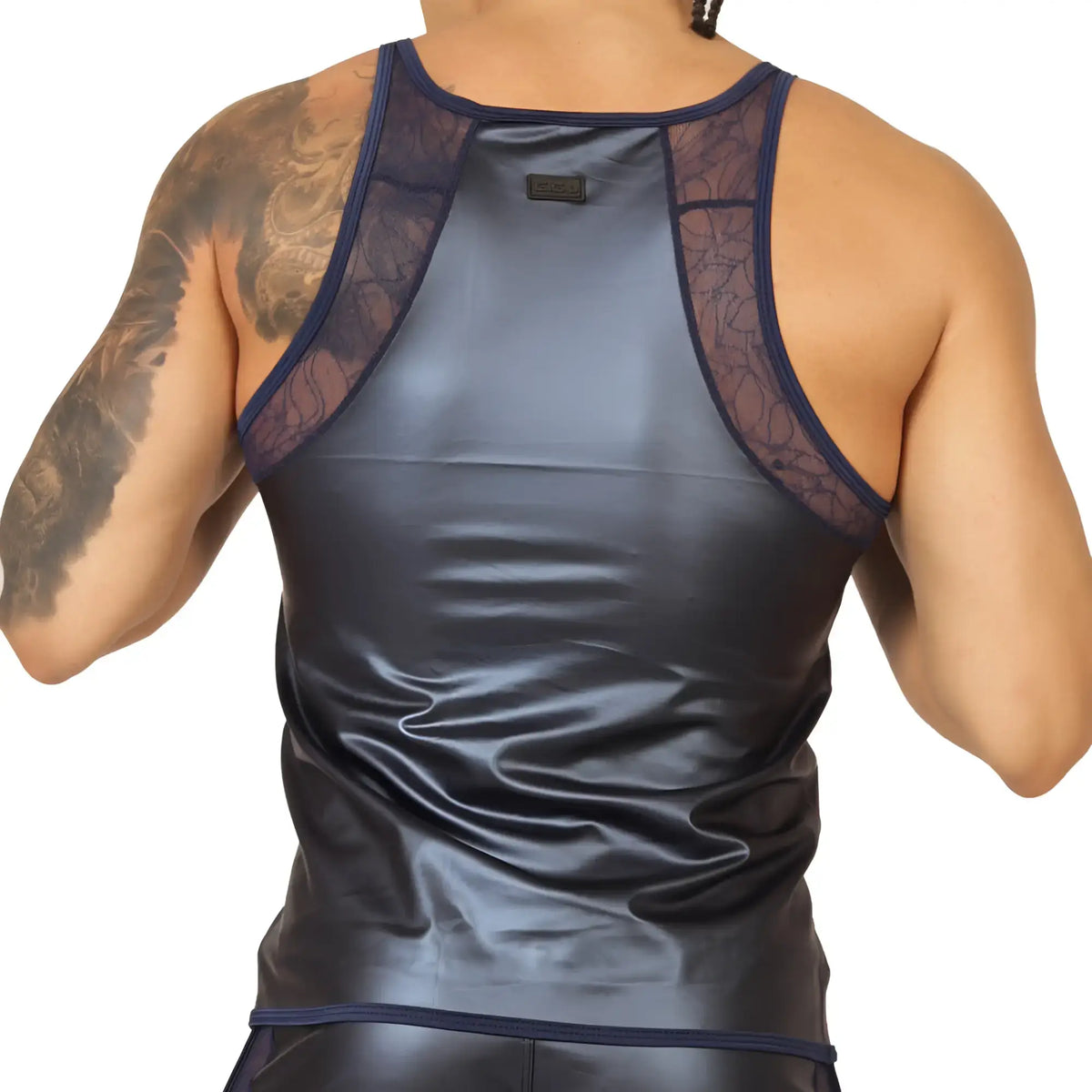 Dark blue satin tank top with sheer lace shoulder panels from gigo passione blue tank collection