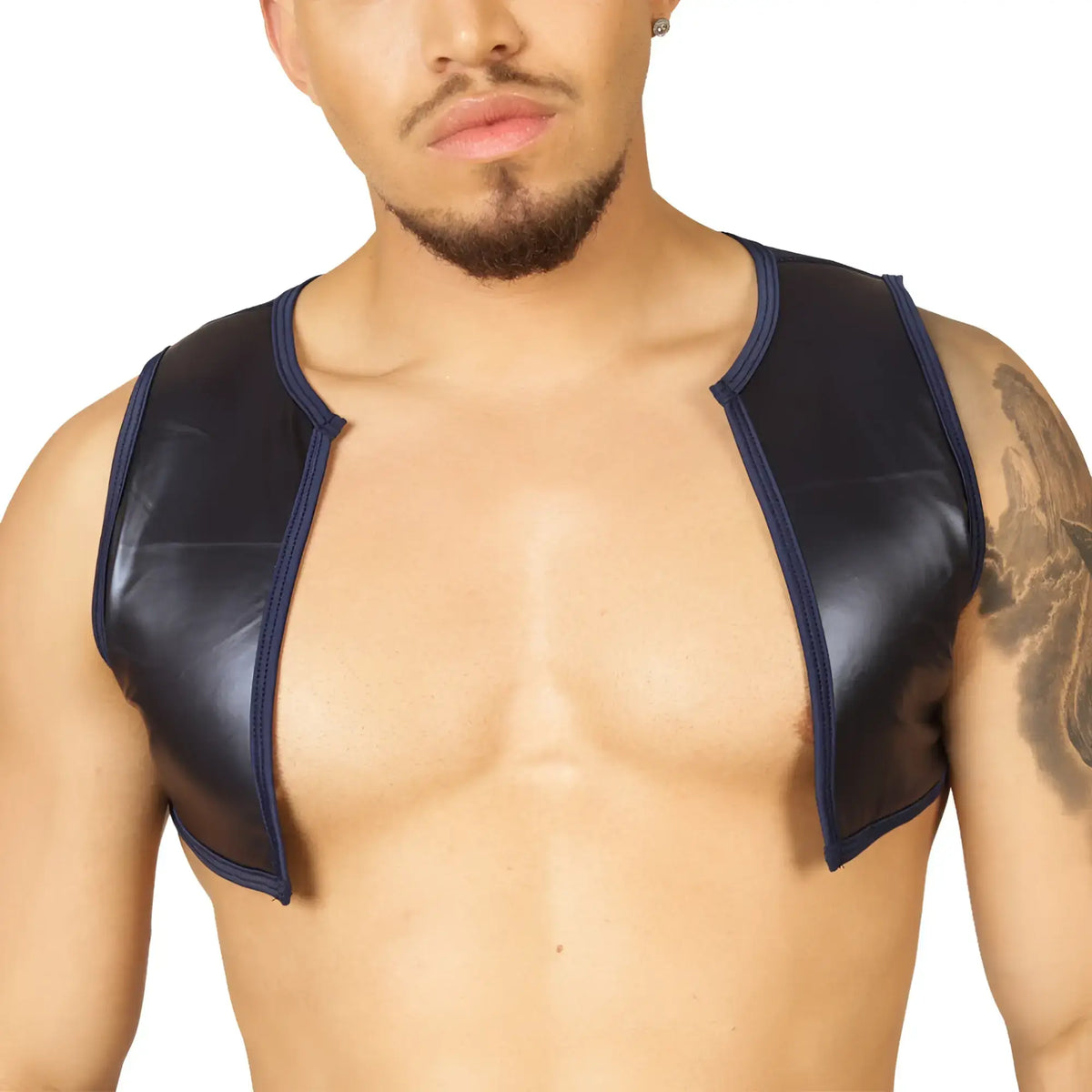 Black patent leather vest with navy blue trim in gigo passione blue vest harness design