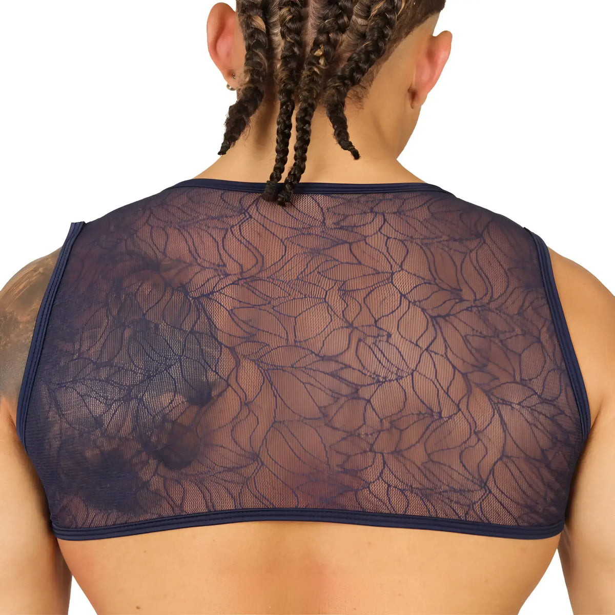 Navy blue sheer lace backless top with intricate floral pattern and elasticated edges from gigo passione vest harness