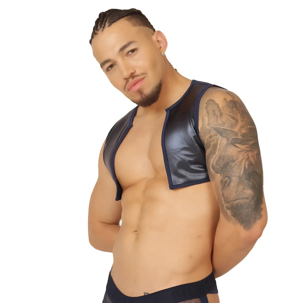 Navy blue shiny faux leather sleeveless vest harness gigo passione blue vest shown from the back side