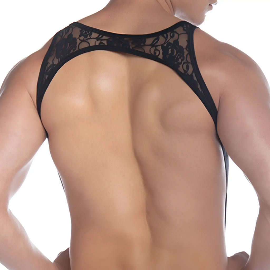 Black lace bodysuit gigo picot black harness with intricate floral patterns and thin straps for a sensual look