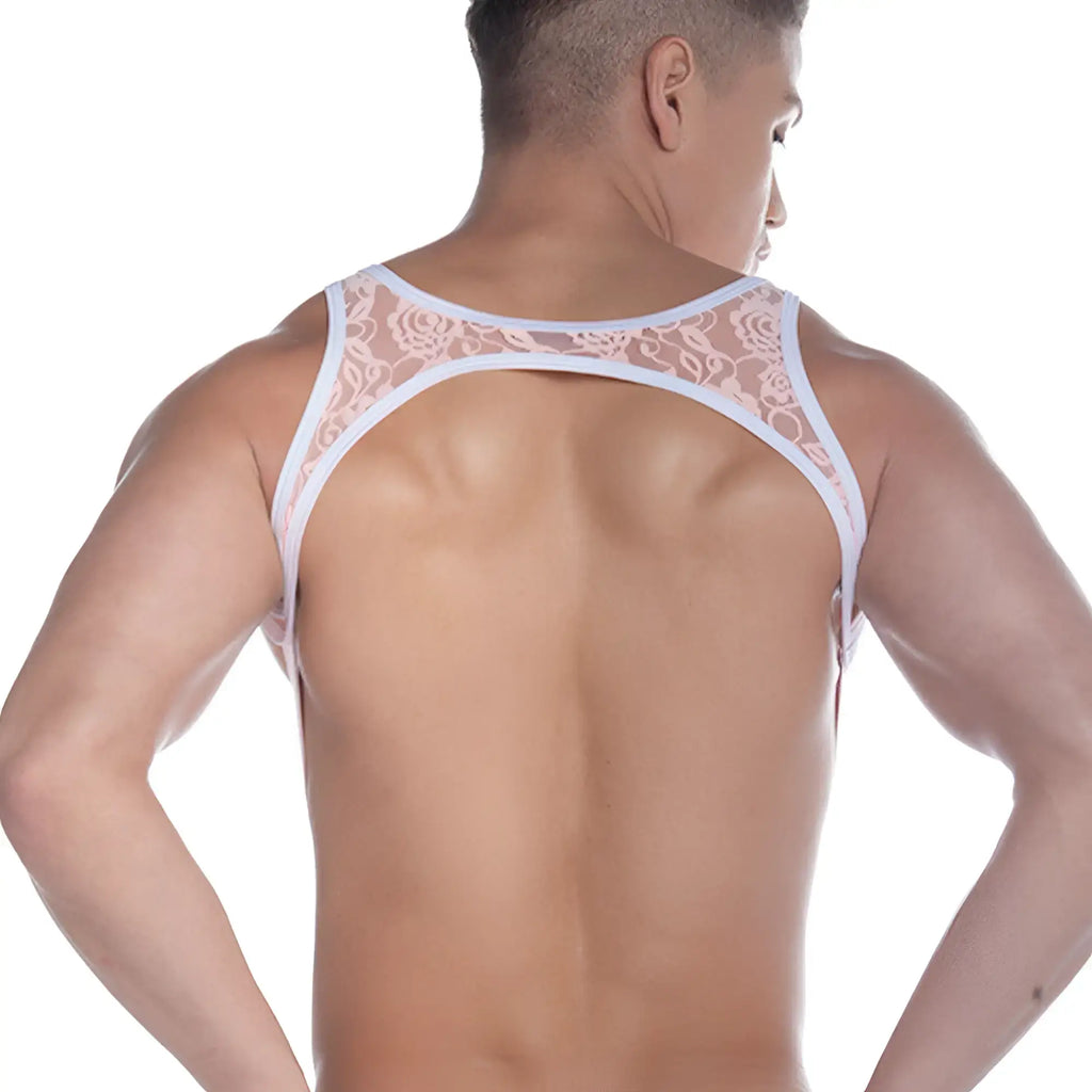 White lace tank top with floral pattern and thin straps in the gigo picot pink harness collection