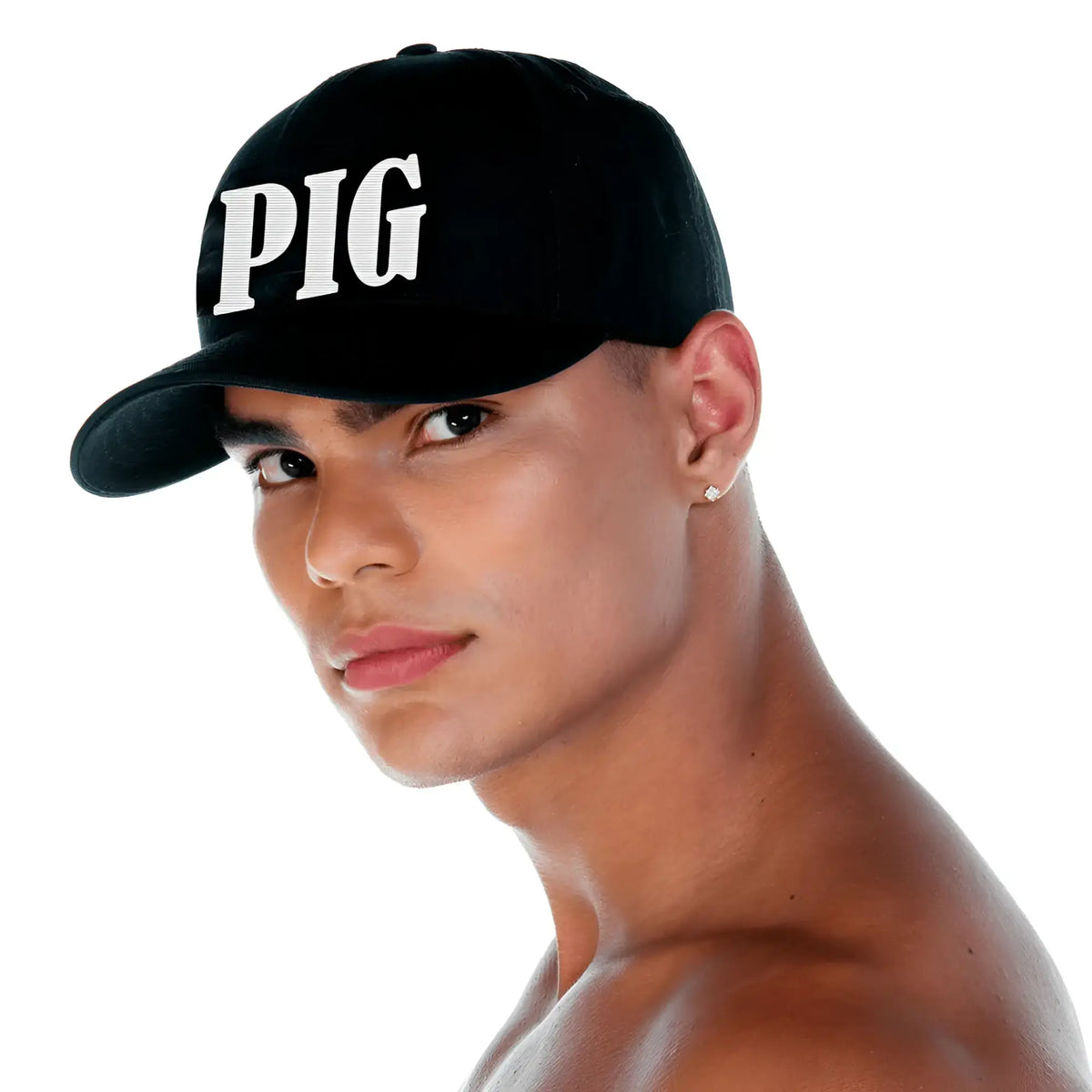 Black baseball cap with bold white pig lettering across the front from the gigo pig caps collection