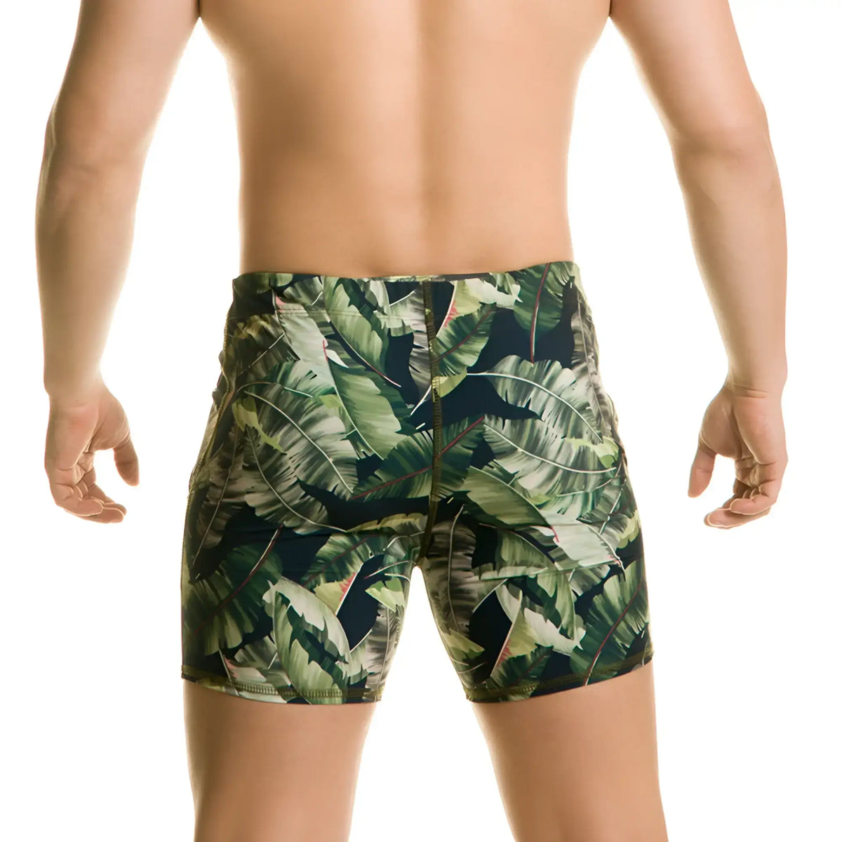 MenÃ¢â‚¬â„¢s gigo plantation beachwear tropical leaf-patterned swim trunks in dark and light green with snug fit and seams