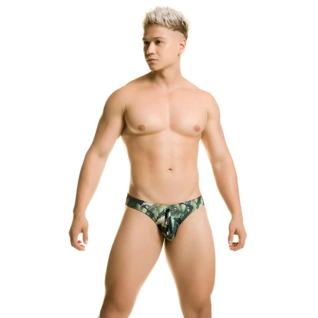 Green and black tropical leaf patterned gigo plantation swim brief with drawstring waistband for men