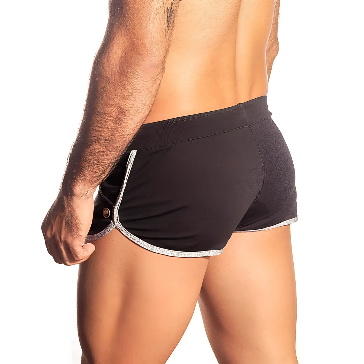 Black athletic gigo plus short with silver trim and button detail on the side for sports and casual wear