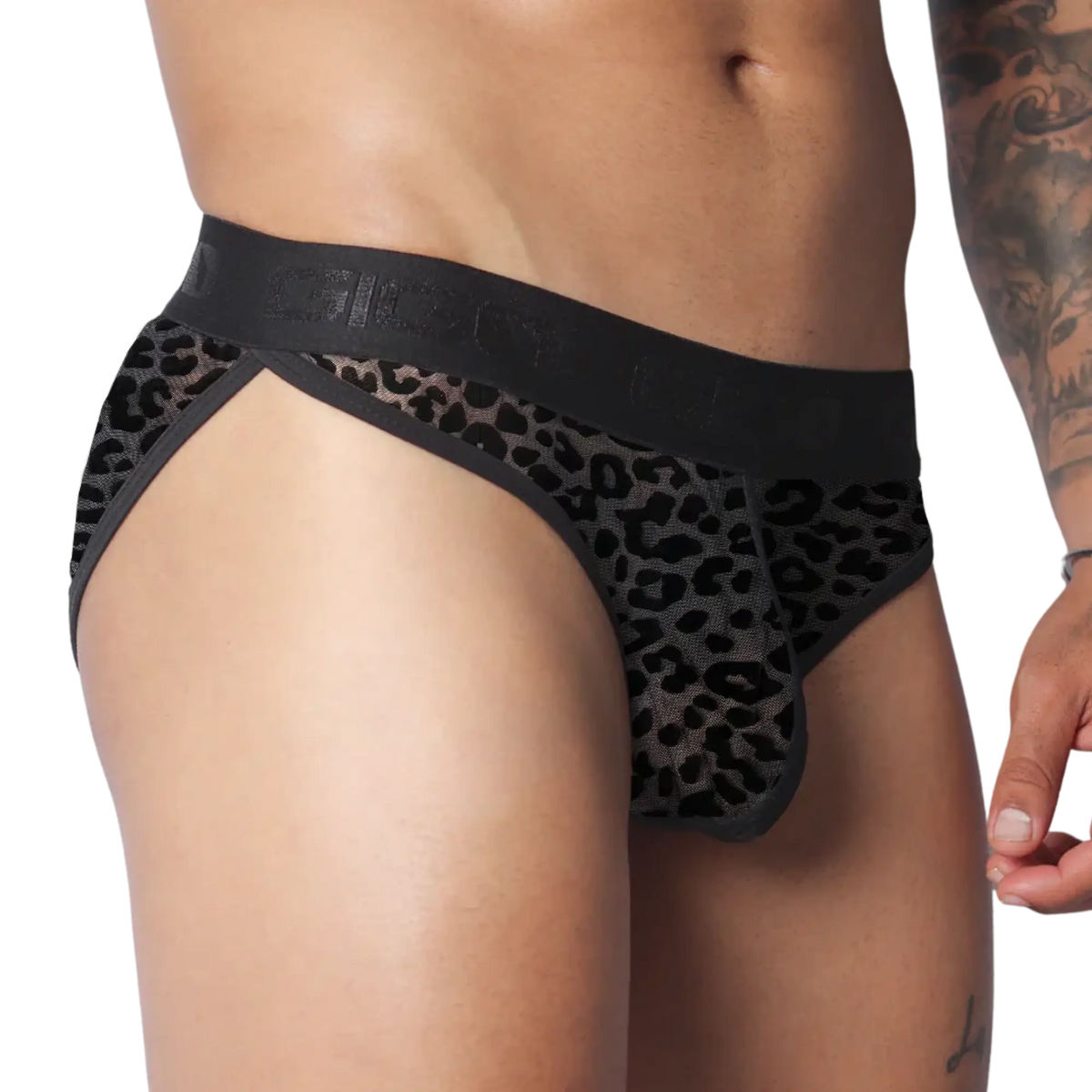 Black mesh brief with a tonal leopard pattern, high-cut style, and a branded elastic waistband.