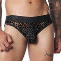 Sheer, charcoal grey leopard-print plush brief with a wide, black elastic waistband featuring the GIGO logo.