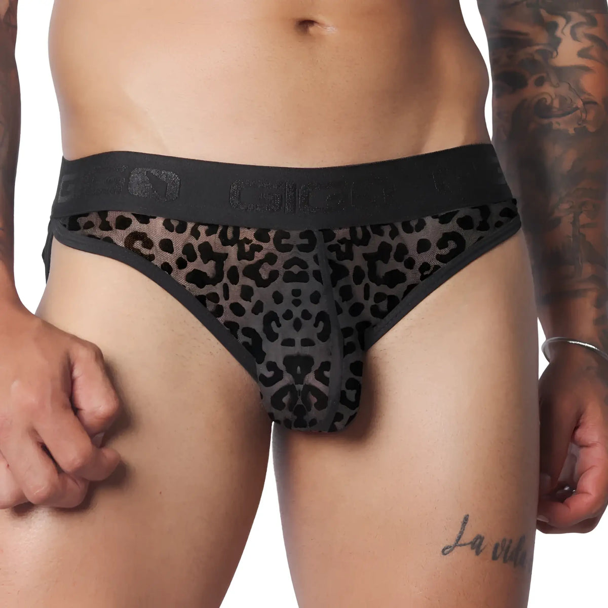 Sheer, charcoal grey leopard-print plush brief with a wide, black elastic waistband featuring the GIGO logo.