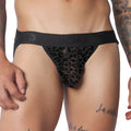 Black jockstrap with a sheer leopard-print mesh pouch and a branded elastic waistband.