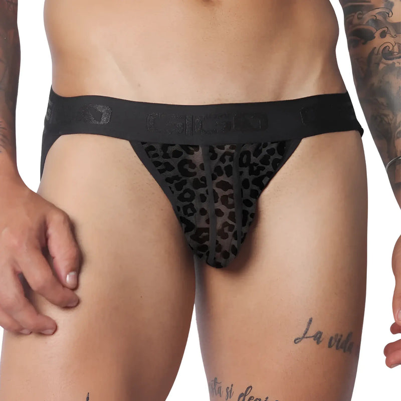 Black jockstrap with a sheer leopard-print mesh pouch and a branded elastic waistband.