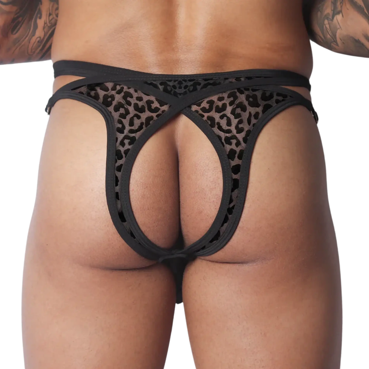 Black leopard print mesh jockstrap with a cutout open-back design and thin elastic waistband.