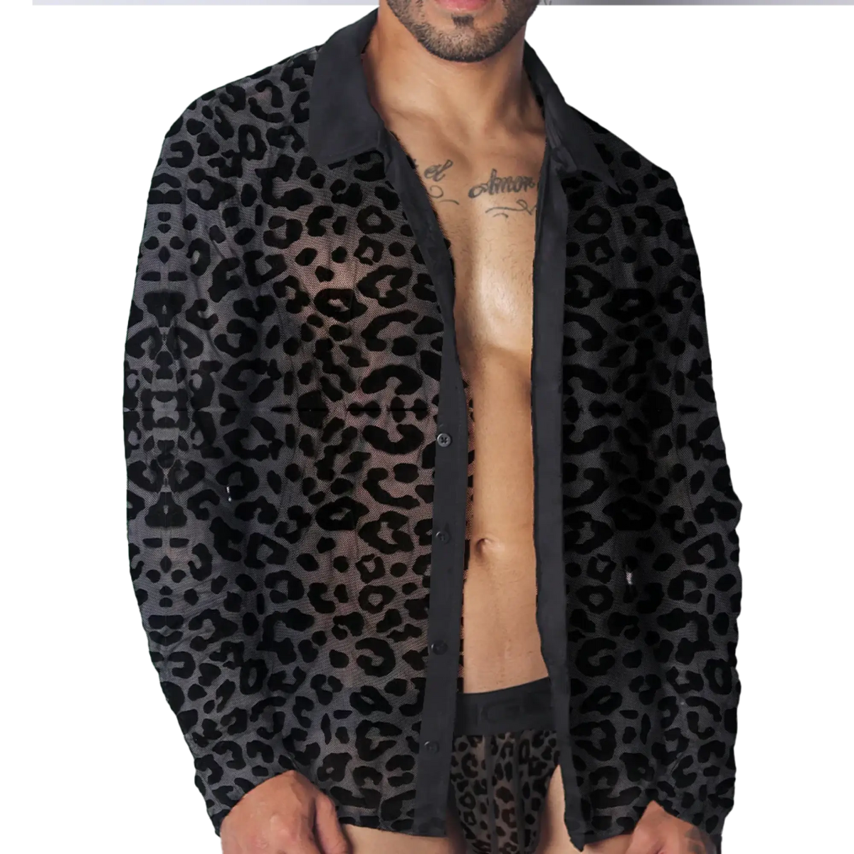 Black sheer leopard print button-down shirt with a classic collar and long sleeves.
