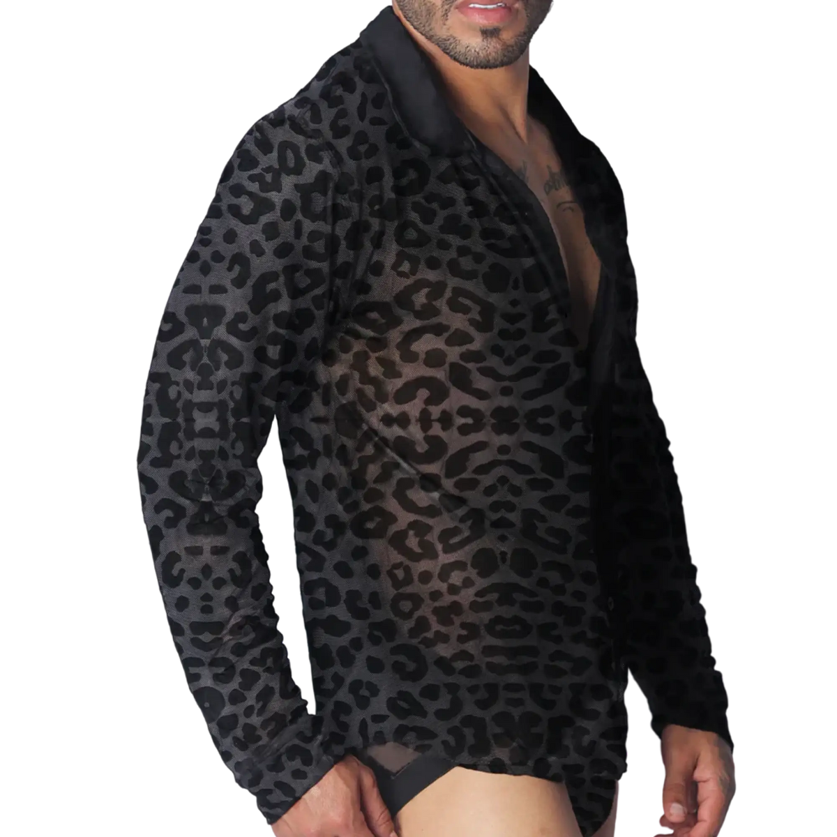 Sheer black button-down shirt with a tonal leopard print pattern, long sleeves, and a solid black collar.