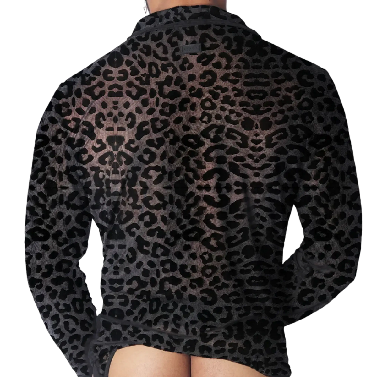 Black sheer long-sleeve Gigo plush shirt featuring a dark grey animal leopard print pattern.