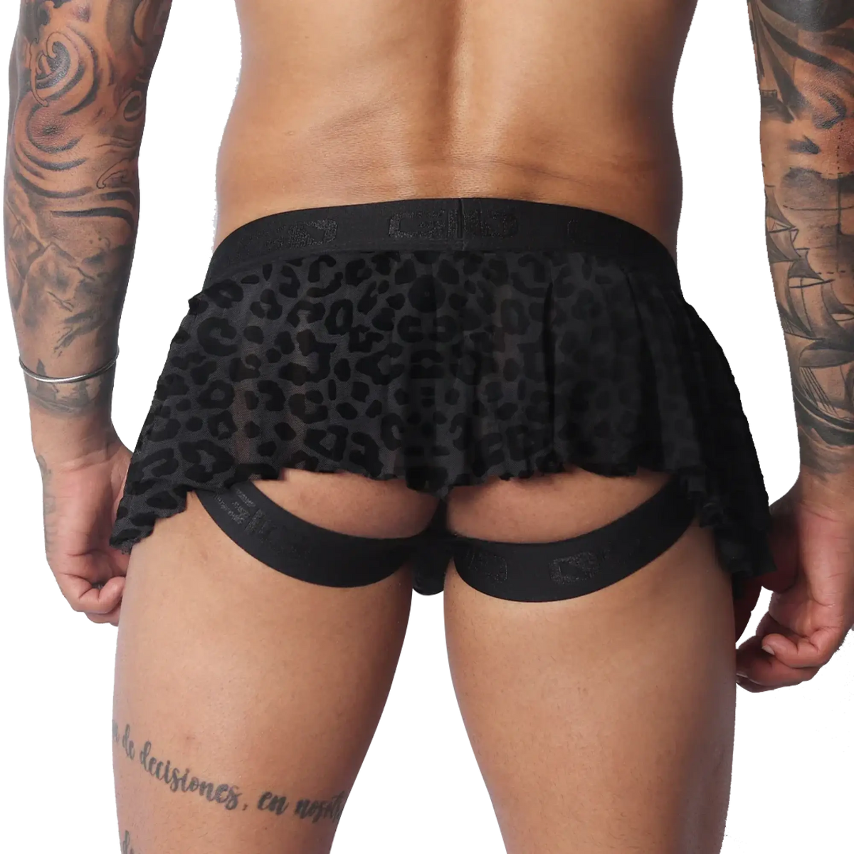 Black leopard-print sheer pleated plush skirt with a thick branded elastic waistband and open-back jockstrap design.
