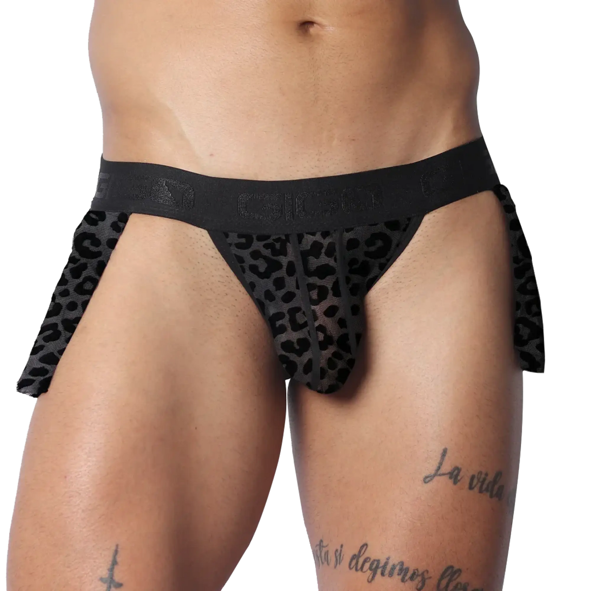 Black sheer leopard print Gigo plush skirt with a branded elastic waistband and side panels.