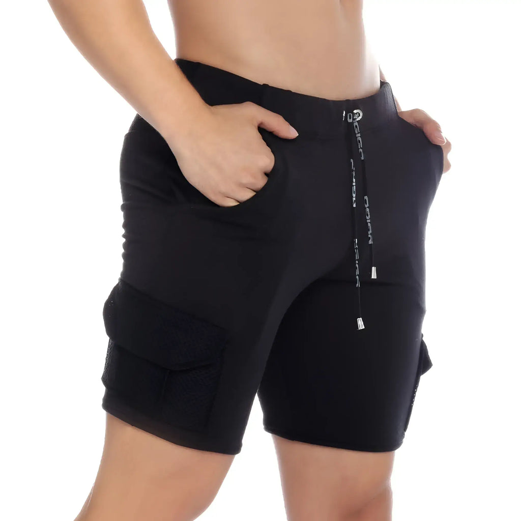 Black gigo pocket shorts with drawstring waistband white branding and mesh paneling on the sides