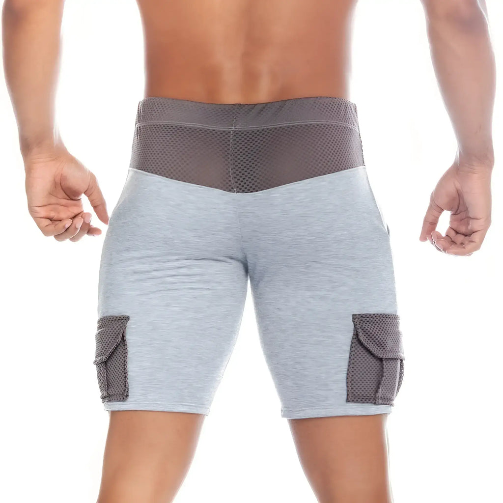 Gray athletic shorts with mesh waistband and matching cargo pockets designed for active use gigo pocket gray short