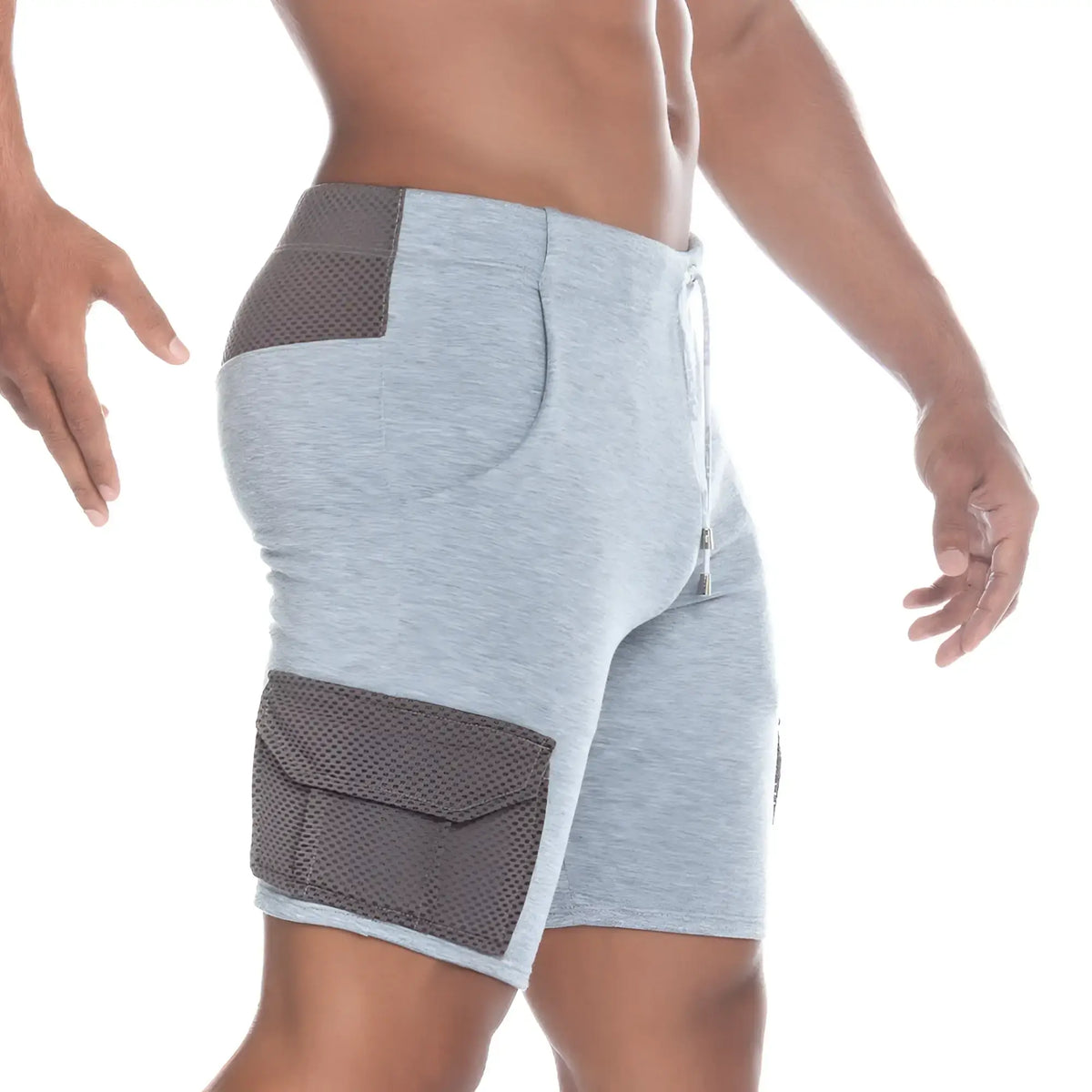 Gray heathered gigo pocket athletic shorts with dark gray mesh panels and a drawstring waistband for comfortable fit