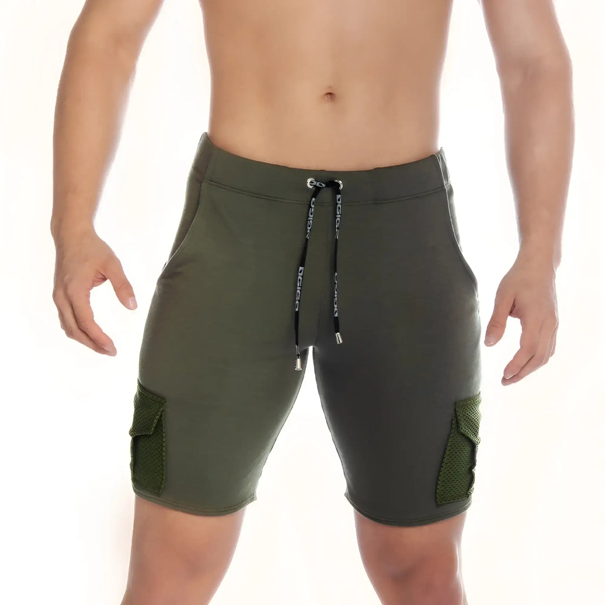Olive green gigo pocket shorts with mesh side pockets and branded drawstring for athletic use