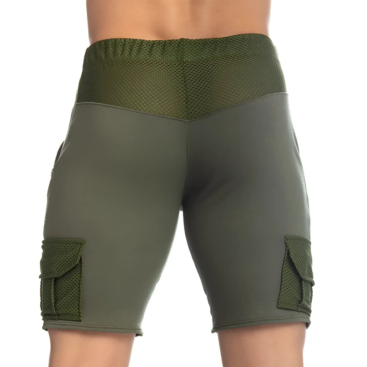 Olive green gigo pocket cargo shorts with mesh paneling at waistband and side pockets for breathable comfort