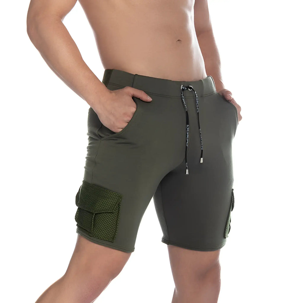 Olive green gigo pocket cargo shorts with mesh side pockets and drawstring waistband for casual wear