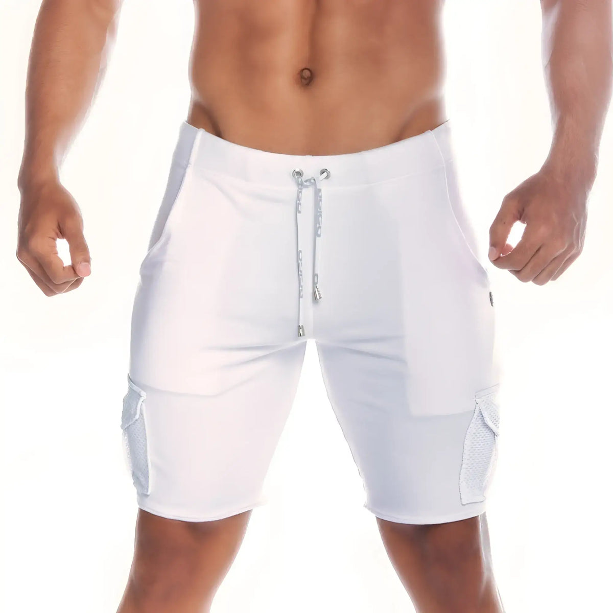 White athletic shorts with cargo pockets and drawstring waistband for casual and active wear gigo pocket white short