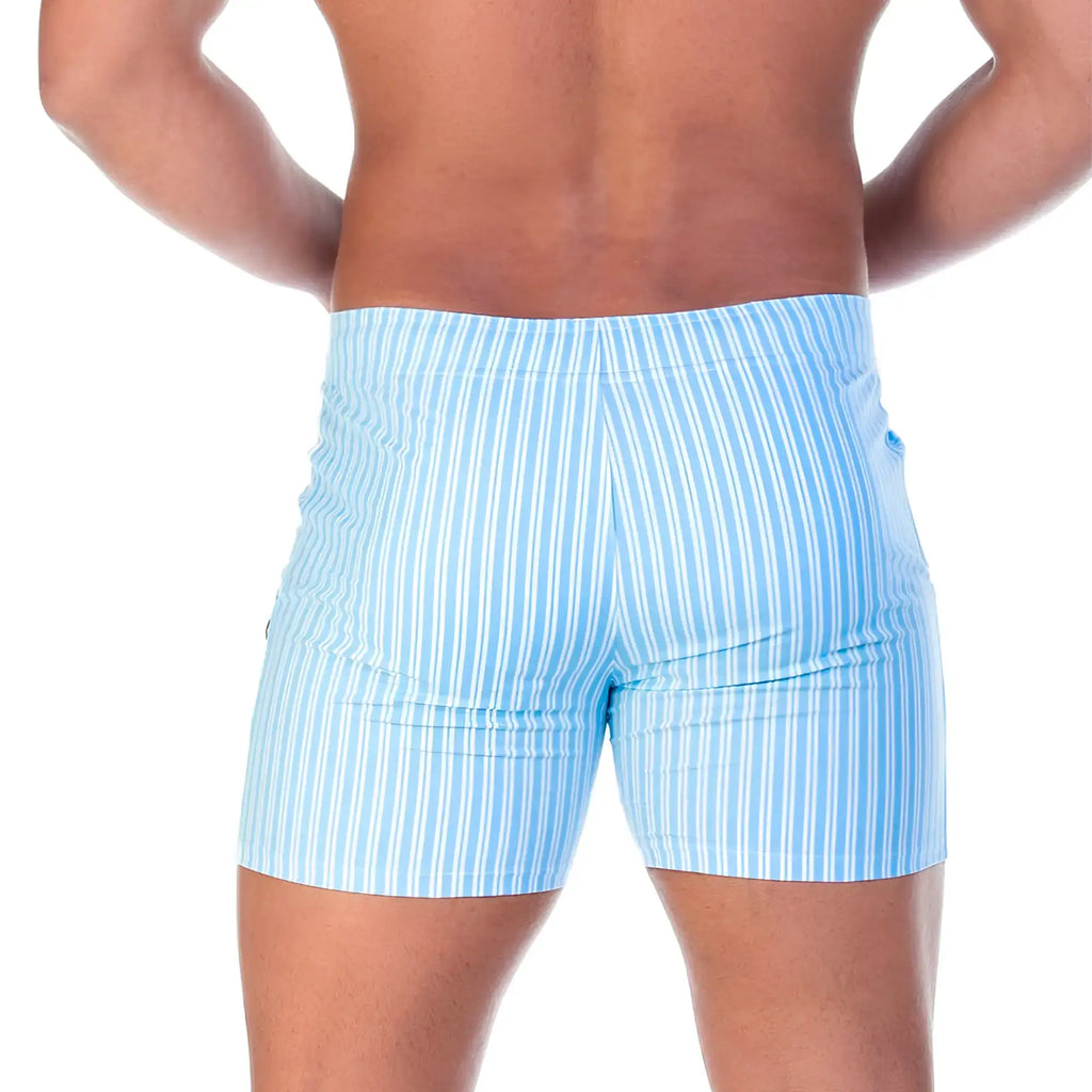 Light blue and white vertically striped swim trunks from gigo polo blue beachwear ideal for beachwear use