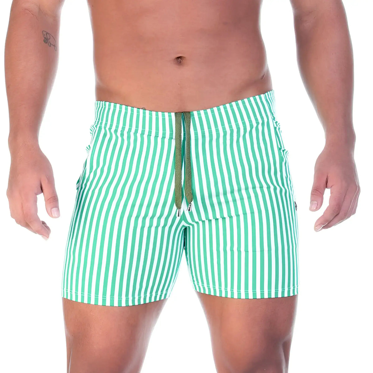 Gigo Polo green beachwear green and white vertically striped swim trunks with olive green drawstring for swimming
