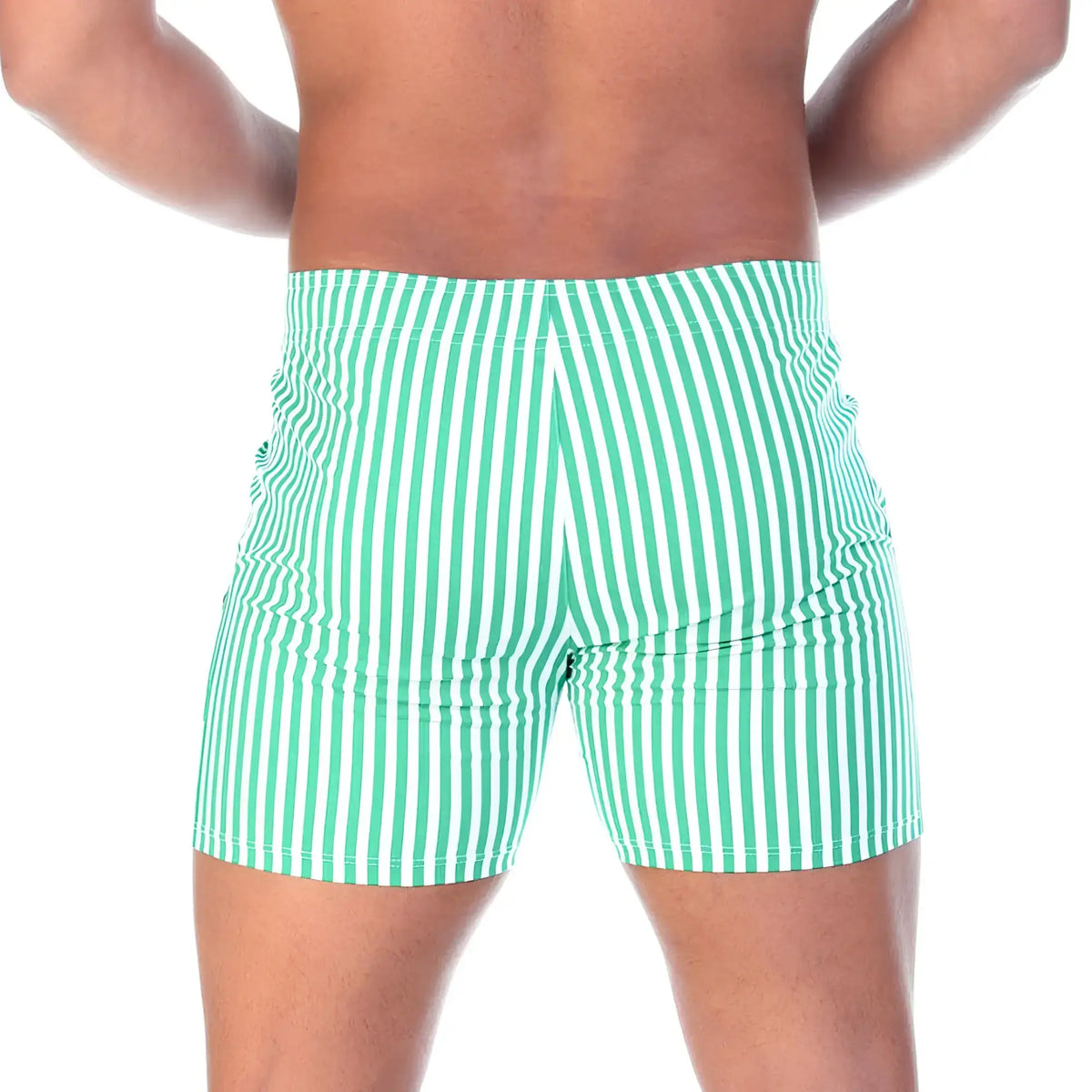 Gigo Polo green beachwear green and white vertically striped swim trunks for casual beach use