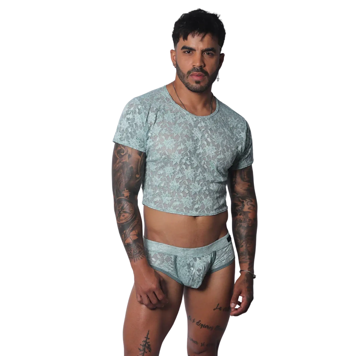 Aqua green short-sleeve crop top in a sheer, floral lace material with a round neckline and cropped hem.