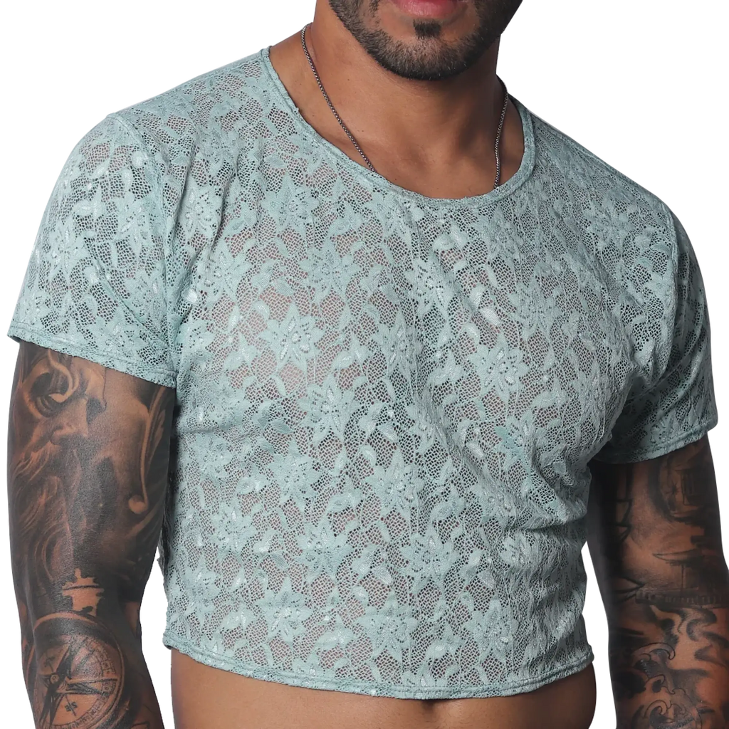 Aqua blue sheer lace crop top with a crew neck and short sleeves.