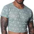 Aqua blue sheer lace crop top with a crew neck and short sleeves.