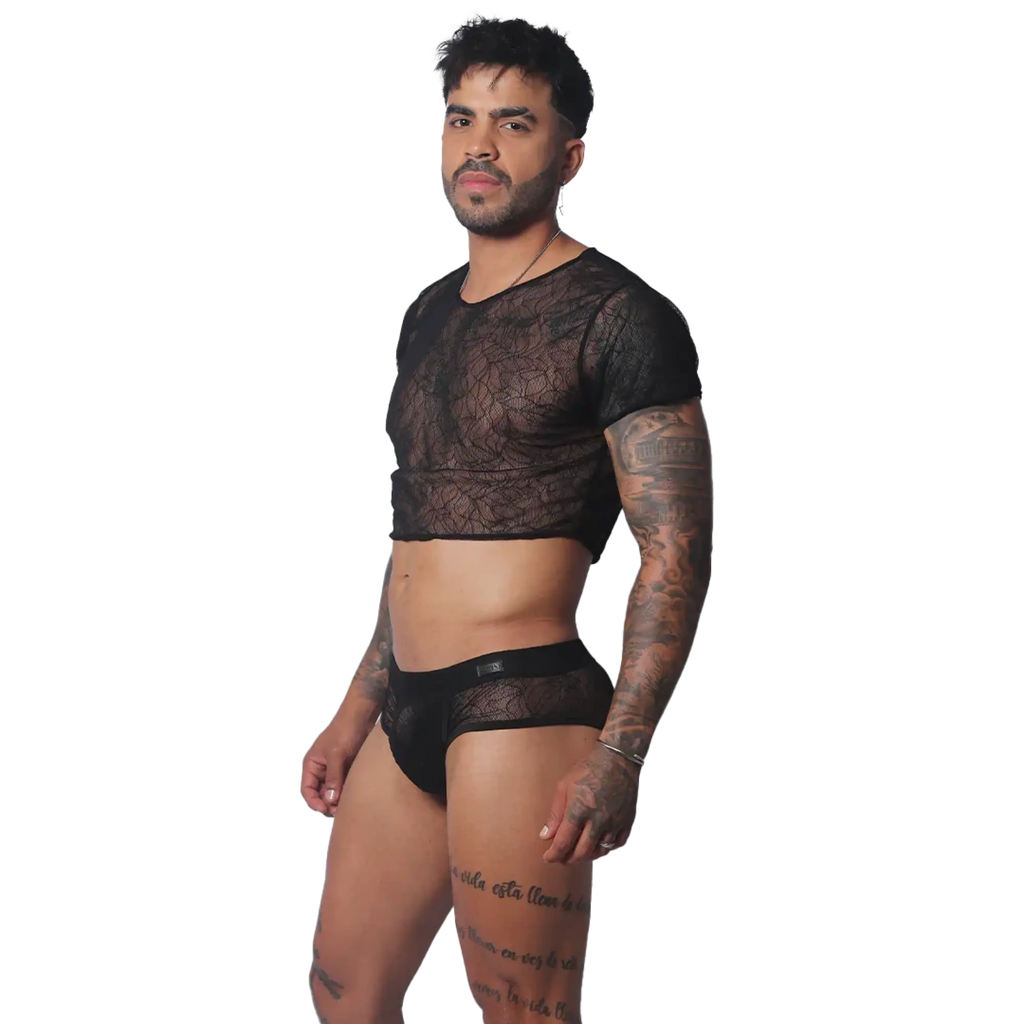 Black short-sleeve crop top in a sheer, intricate web-pattern lace fabric with a round neckline.