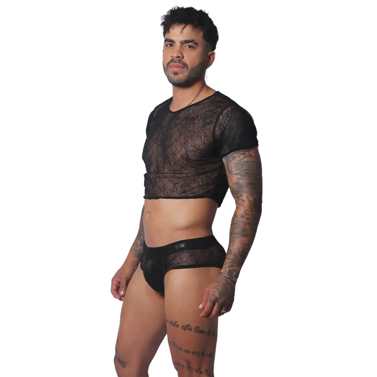 Black short-sleeve crop top in a sheer, intricate web-pattern lace fabric with a round neckline.