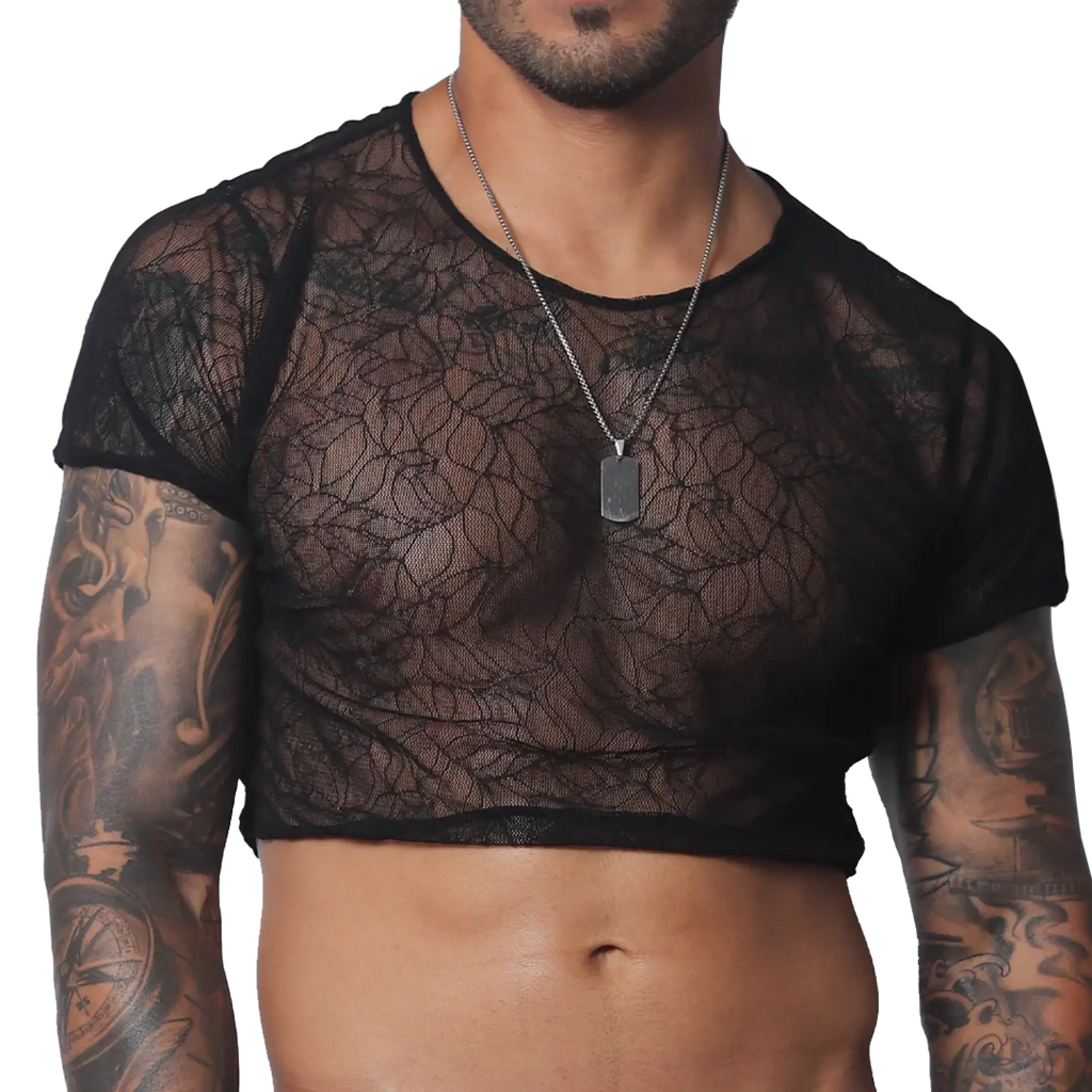 Black sheer mesh short-sleeve crop top with a delicate, intricate web-like pattern and round neckline.