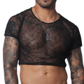Black sheer mesh short-sleeve crop top with a delicate, intricate web-like pattern and round neckline.