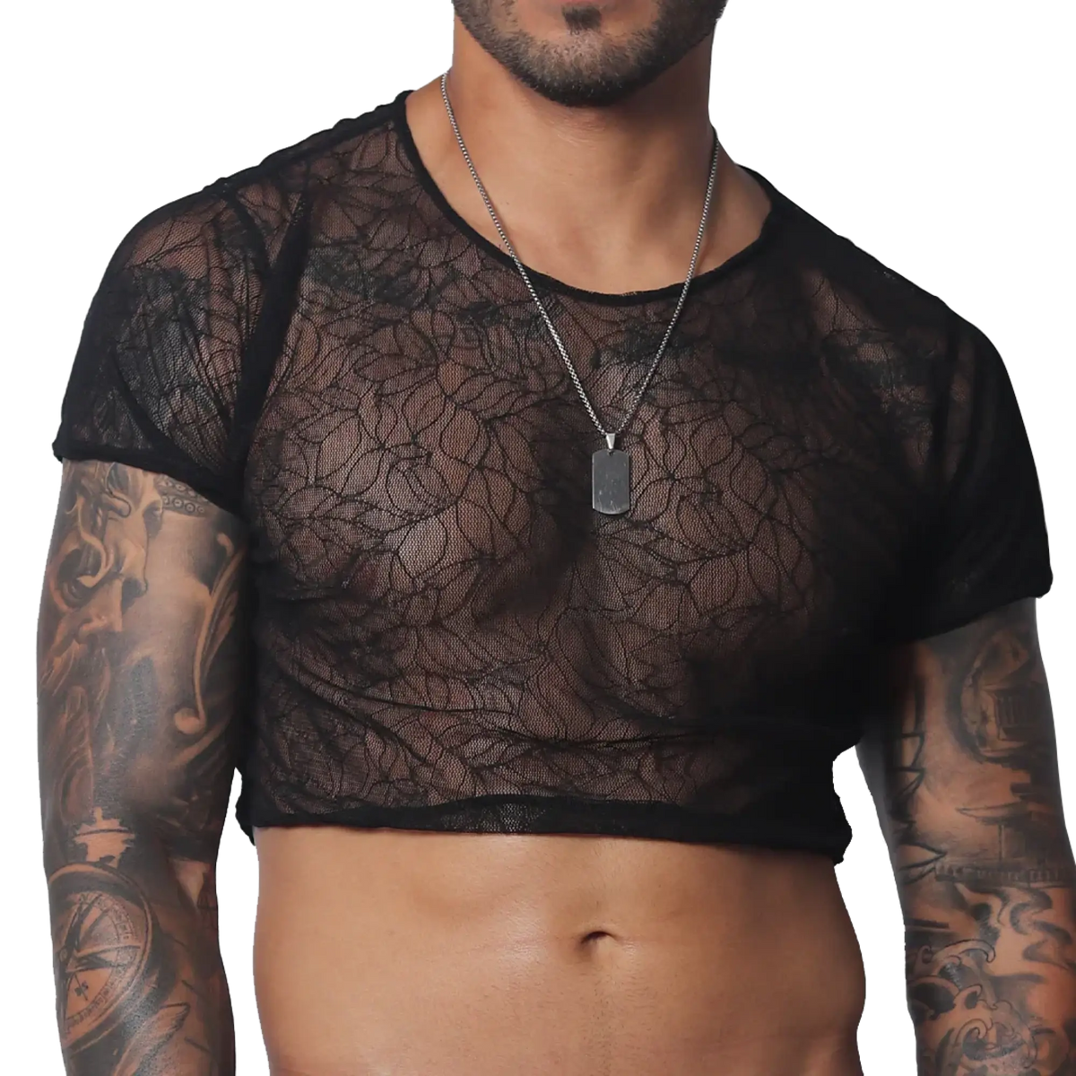 Black sheer mesh short-sleeve crop top with a delicate, intricate web-like pattern and round neckline.