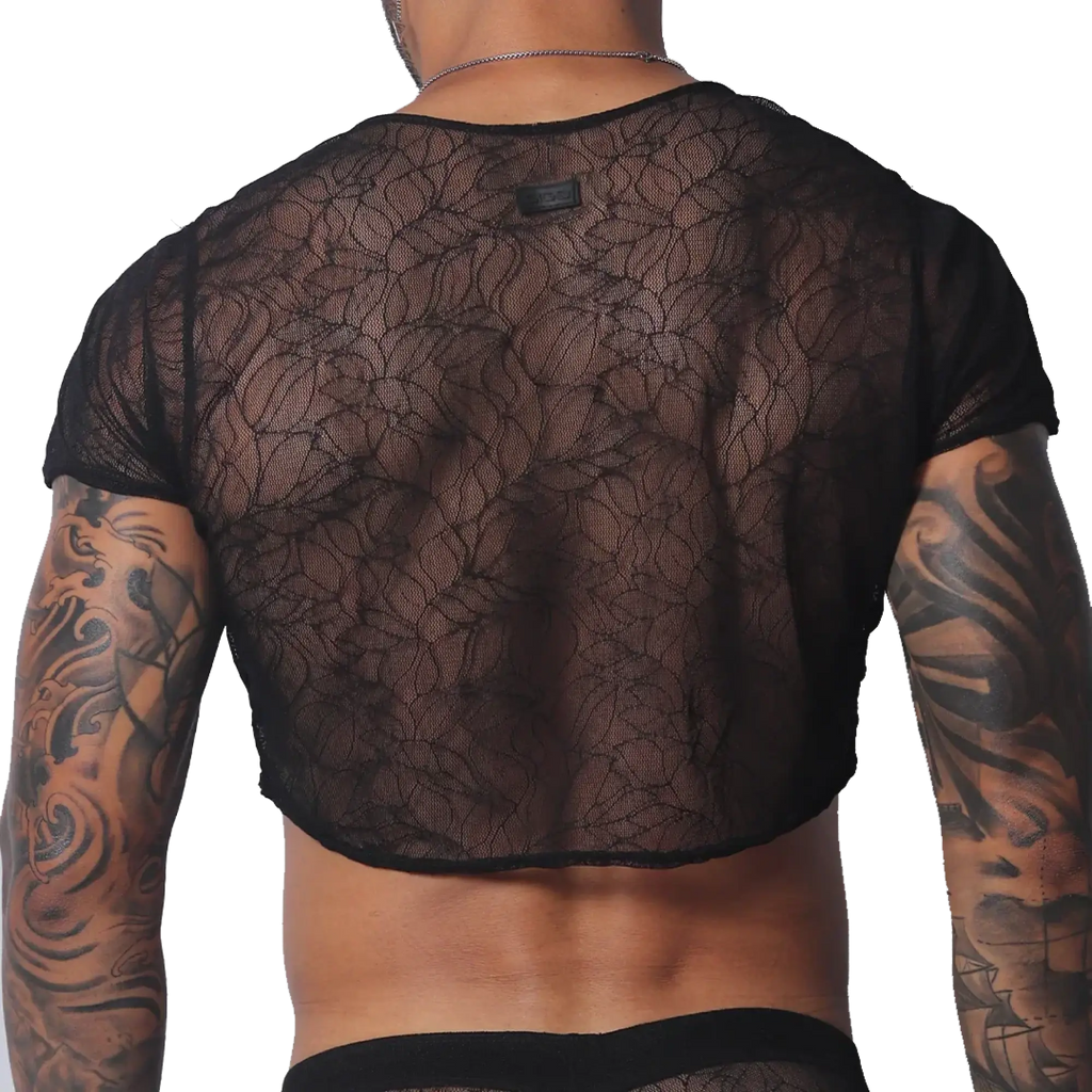 Black sheer lace crop top with short sleeves and a branded patch detail on the back.