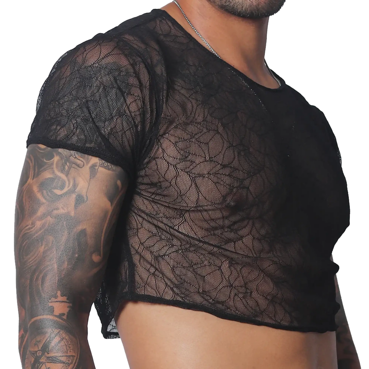 Black cropped T-shirt in sheer, patterned mesh fabric with a round neckline and short sleeves.