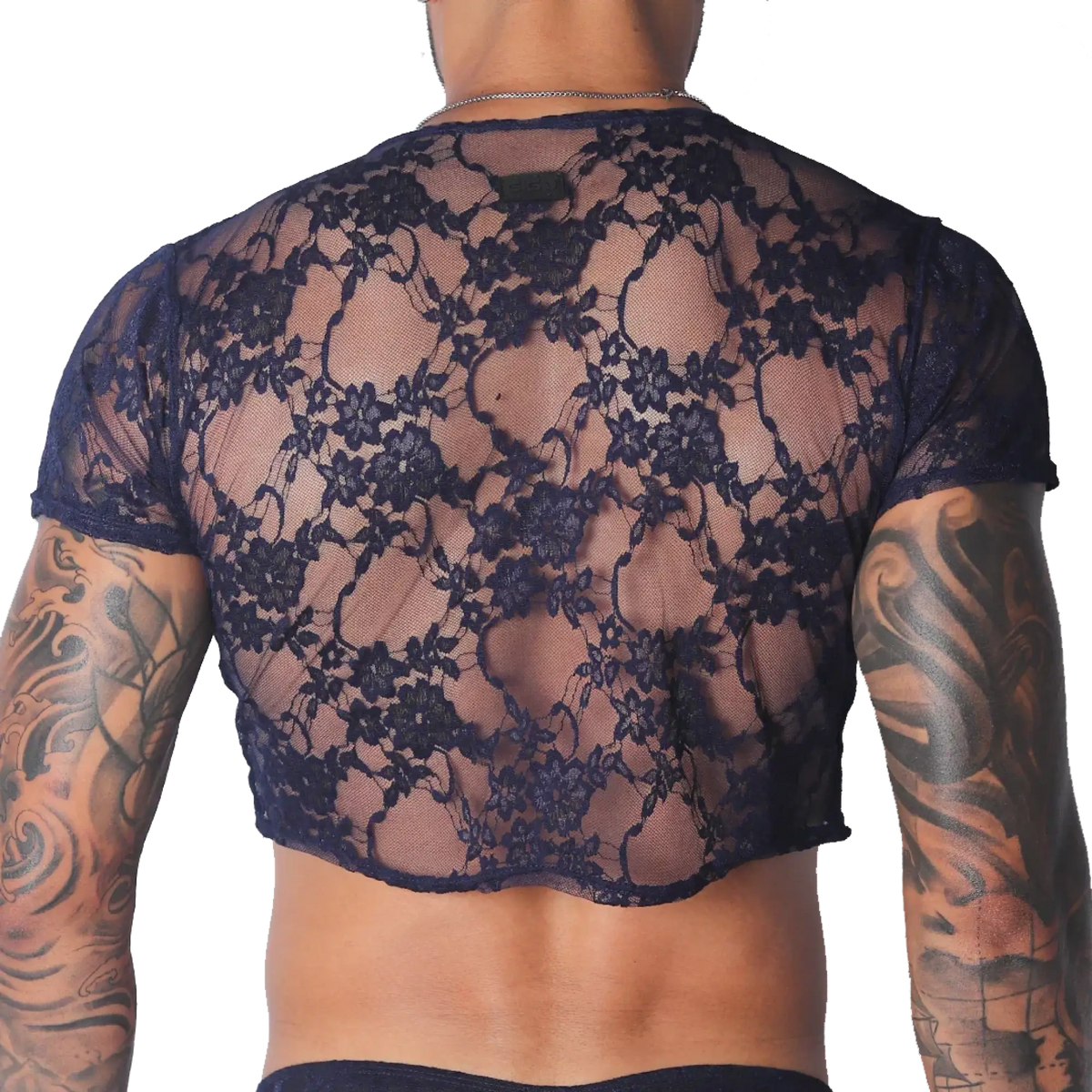 Sheer navy blue lace short-sleeve crop top featuring a floral pattern and a branded label at the neckline.