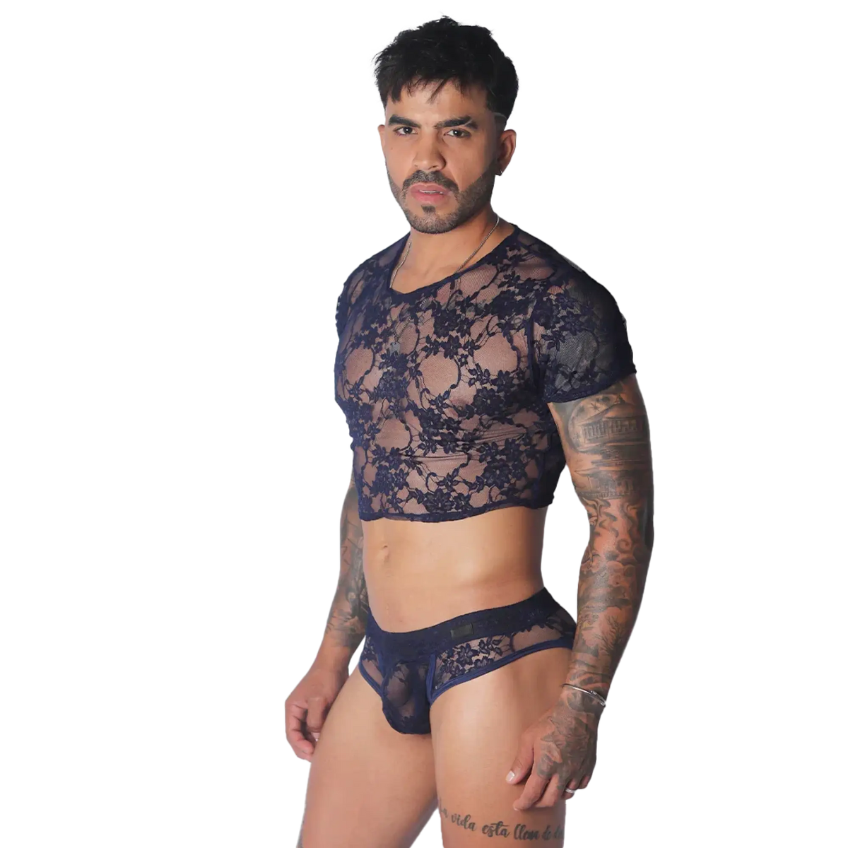Navy blue sheer floral lace crop top with short sleeves and a rounded neckline.