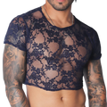 Sheer dark blue floral lace men's crop top with short sleeves and a crew neck.