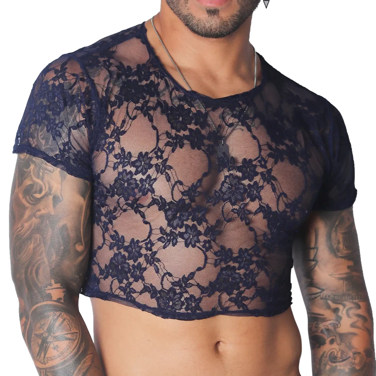 Sheer dark blue floral lace men's crop top with short sleeves and a crew neck.