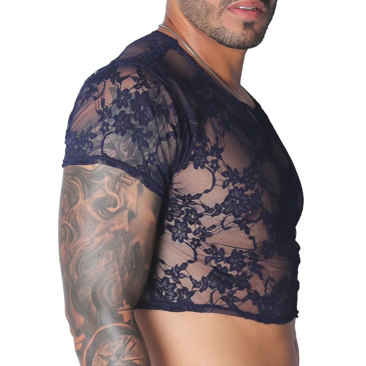 Navy blue floral lace short-sleeve crop top with a crew neck and semi-sheer finish.