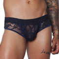 Dark blue lace trunk underwear featuring a contoured pouch and a solid elastic waistband.
