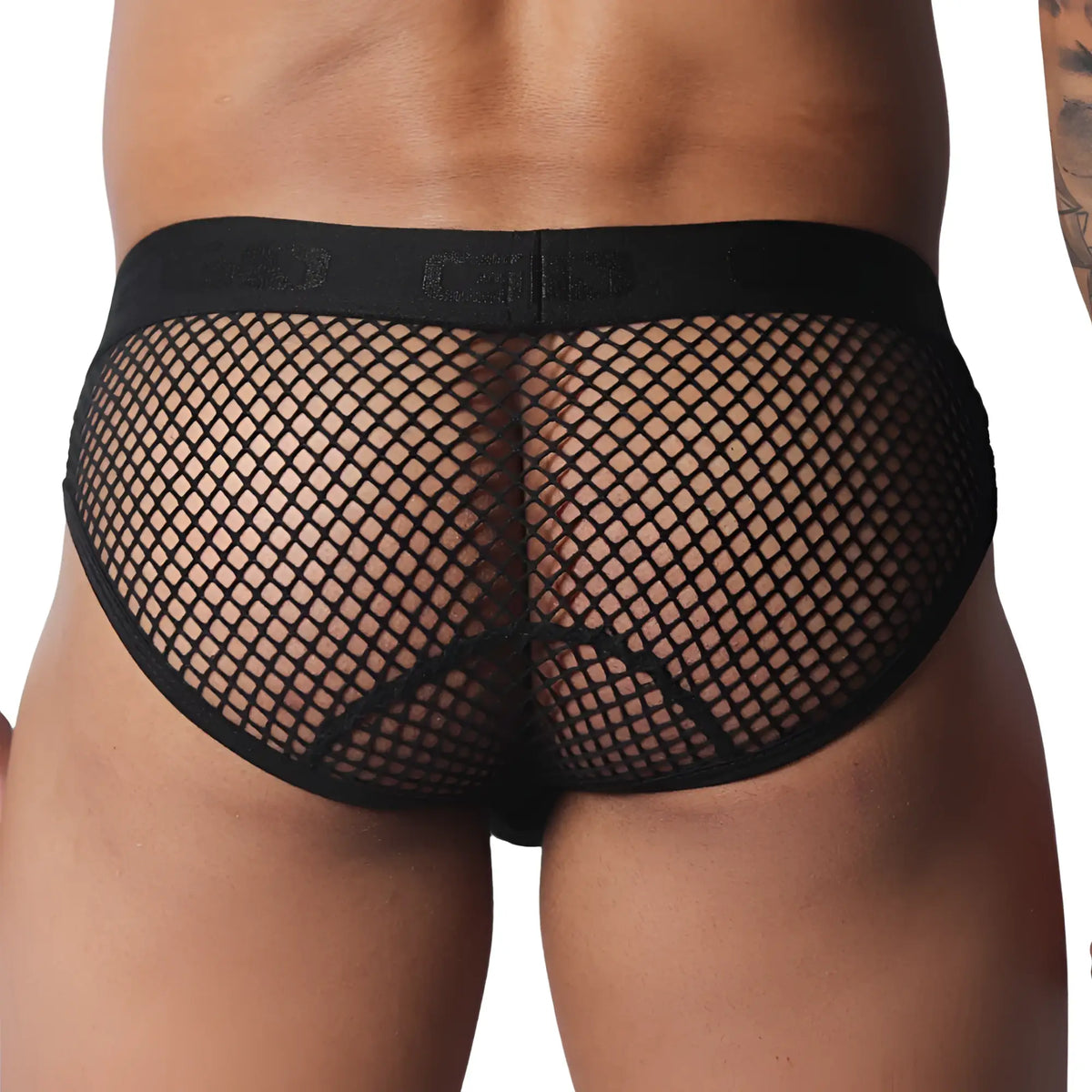 Black fishnet briefs with a branded elastic waistband and back-seam detail.