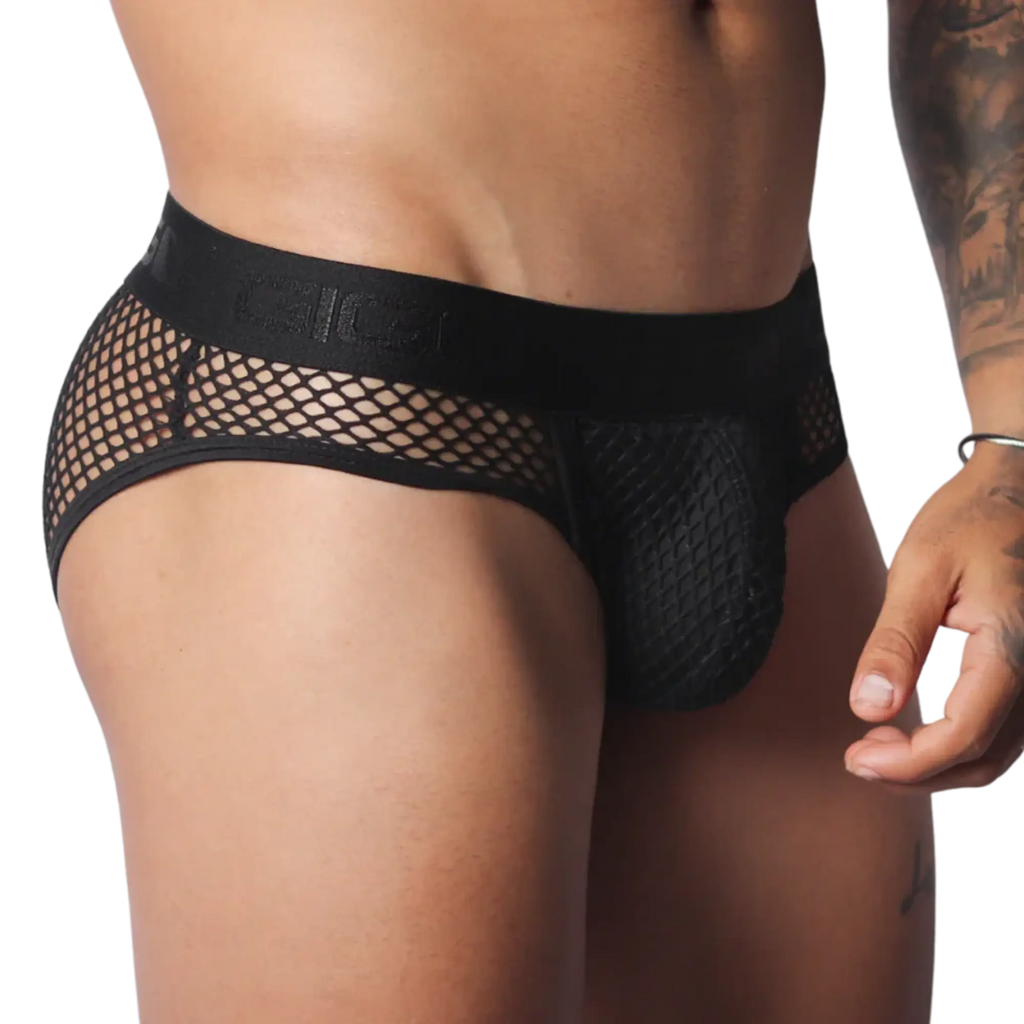 Black fishnet brief with a branded elastic waistband and supportive pouch, featuring a provocative cut.