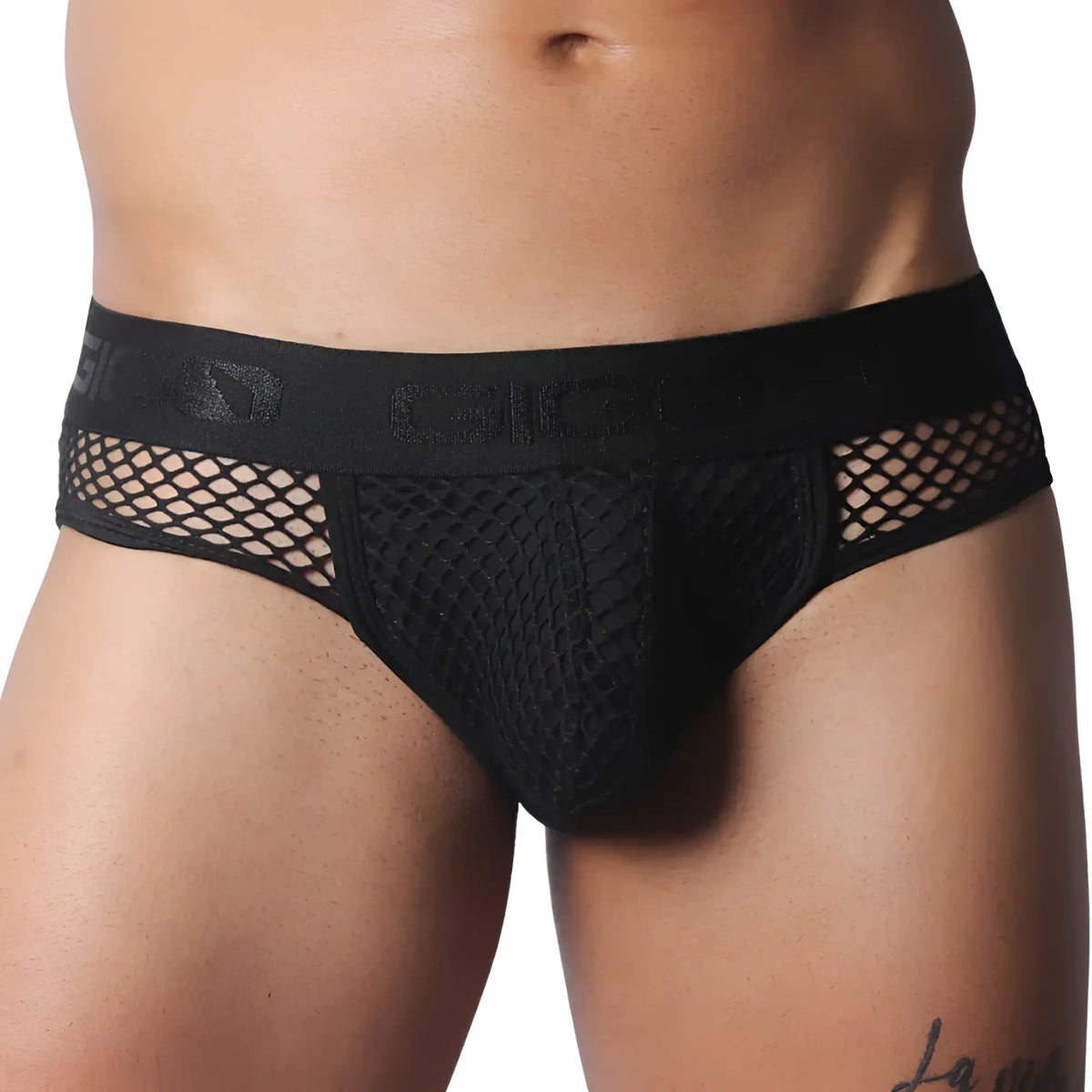 Black Gigo brief featuring a mesh fabric pouch and side panels with a branded elastic waistband.